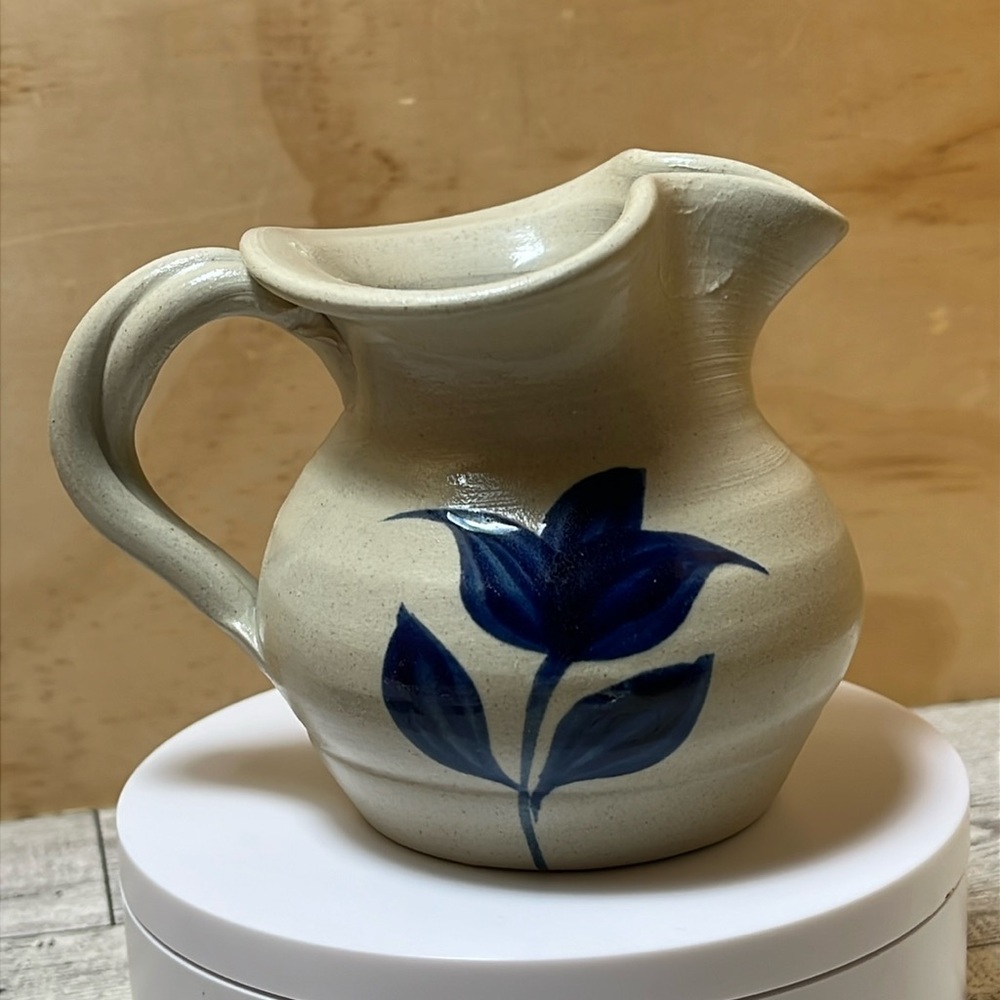 Vintage Williamsburg Salt Glazed Pottery Blue Floral Twisted Small Pitcher